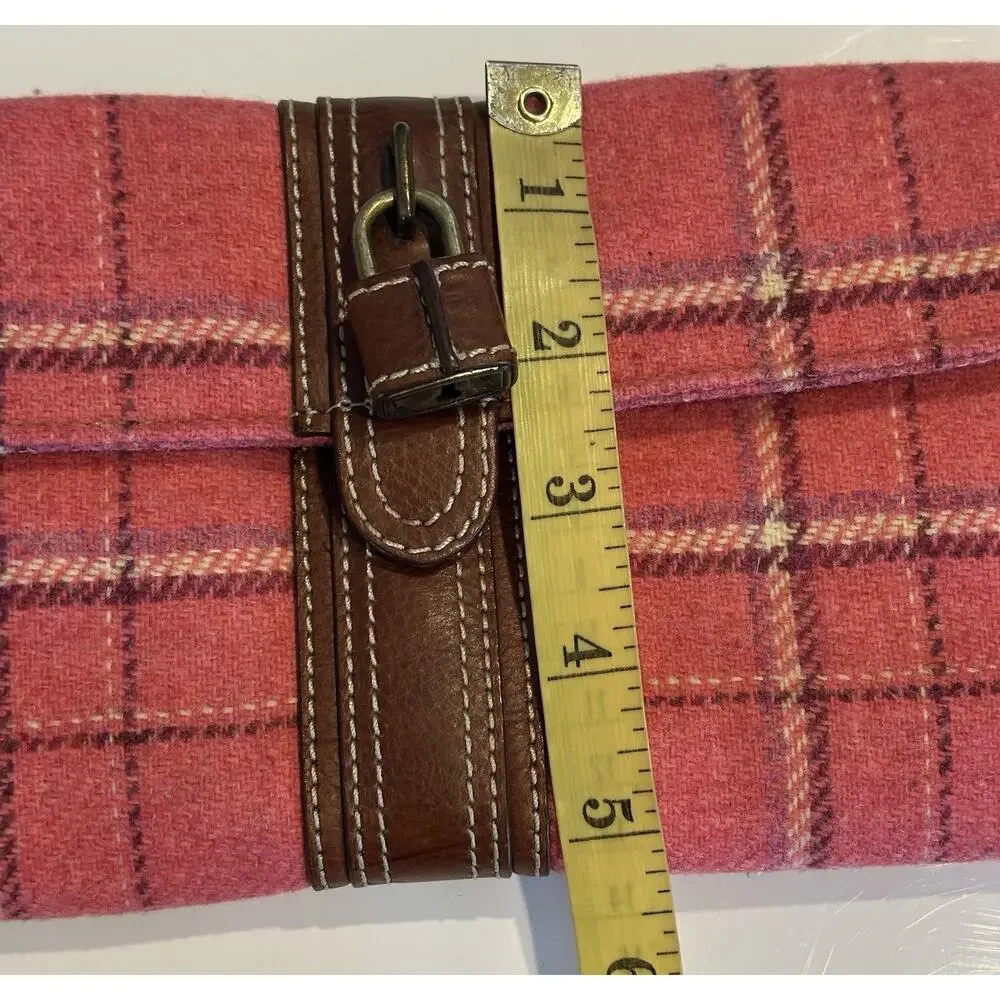 J Crew Wool Leather Plaid Pink Brown Wristlet Wallet Preppy Career Locket